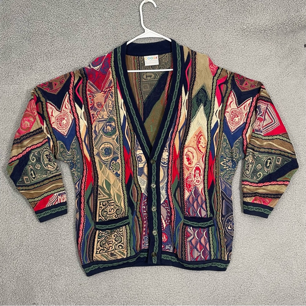 VTG COOGI Australia Sweater Men XL Multicolor 3D Knit Button Front Cardigan